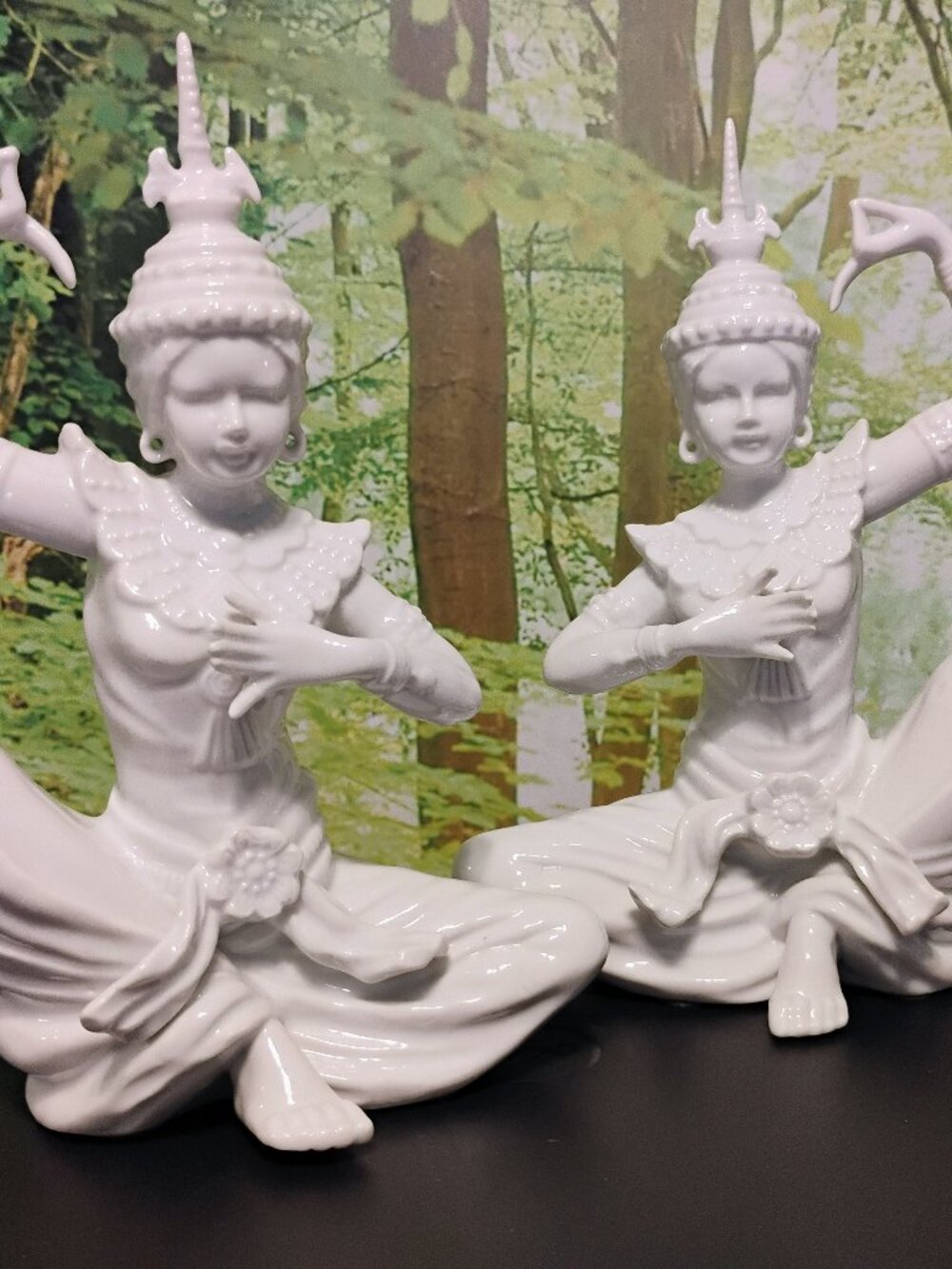 Set of Two White Porcelain Thai Cambodian Royal Dancers Statues